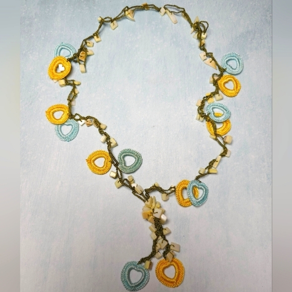👍5 for $20 Crochet Hearts Long Necklace Blue & Yellow Abalone Beads - Picture 1 of 6